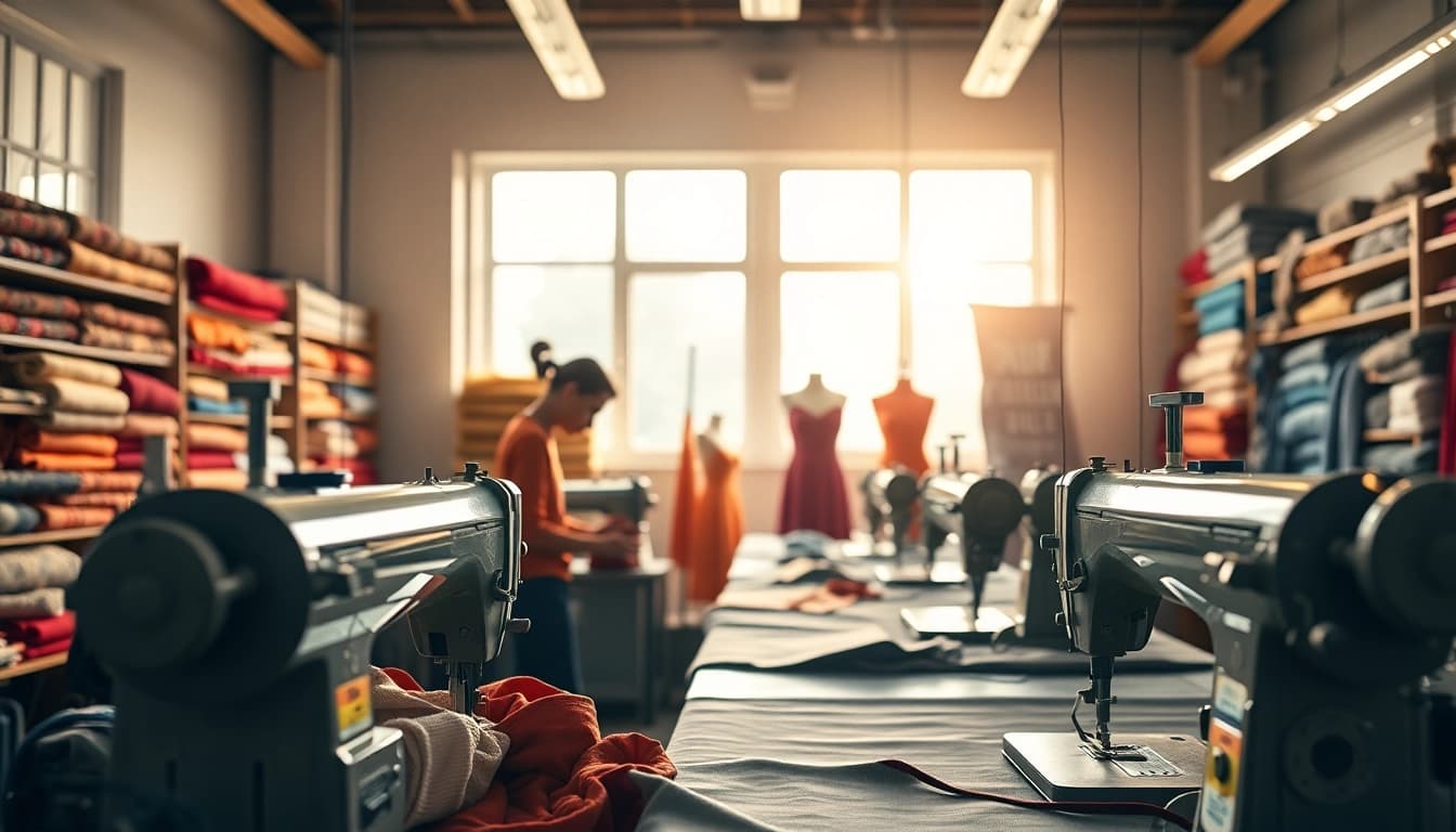 Custom Clothing Manufacturer showcasing expert tailors creating bespoke garments in a vibrant studio.