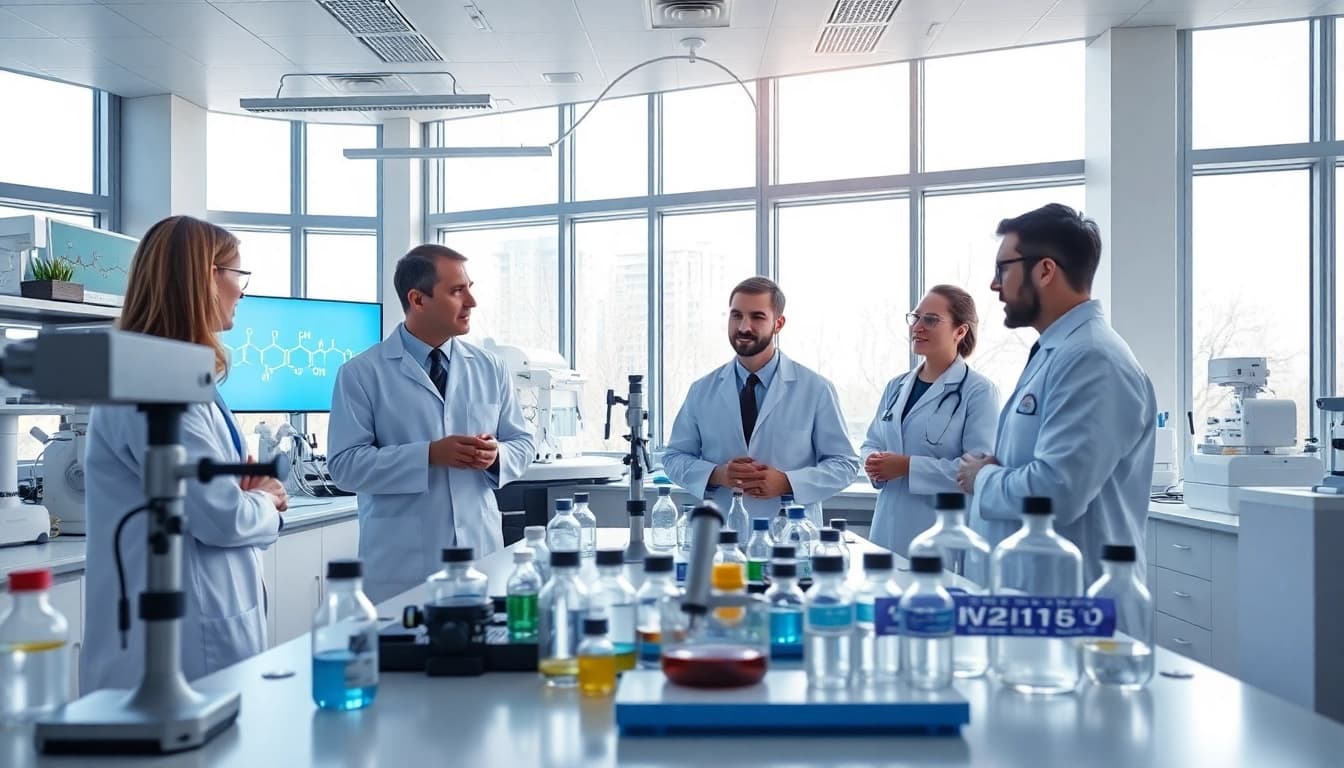 Research scientists studying WIN55 cannabinoid compounds in a modern lab setting.