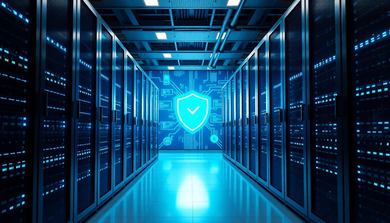 Illustration of CDN with DDoS Protection highlighting server security and speed in a modern data center.
