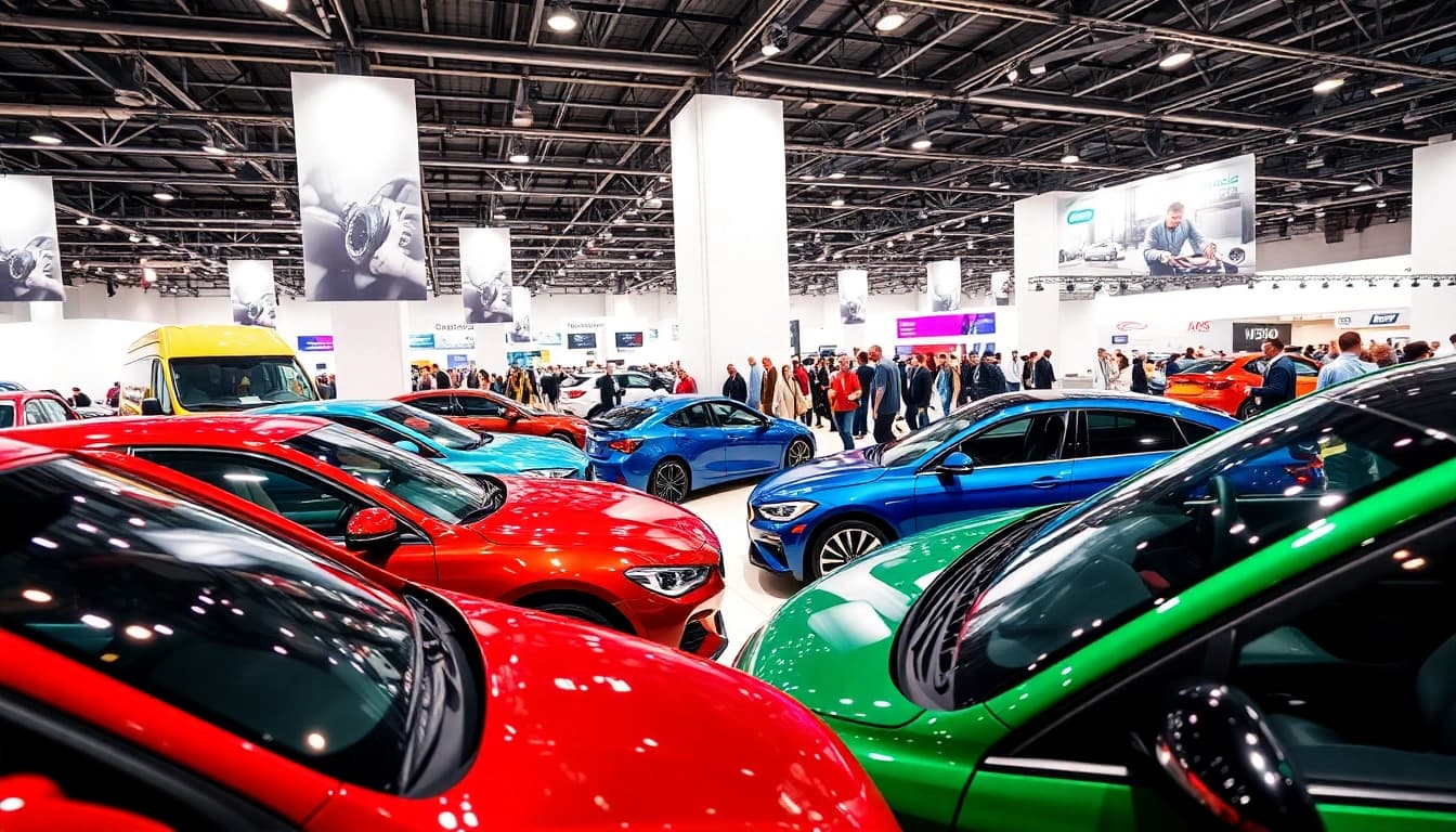 Engaging scene from an Auto Cars Show with diverse vehicles and enthusiastic attendees.