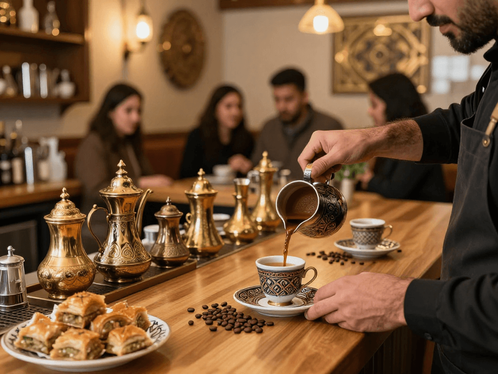 قهوجي يهتم بتقديم القهوة العربية التقليدية في مقهى دافئ