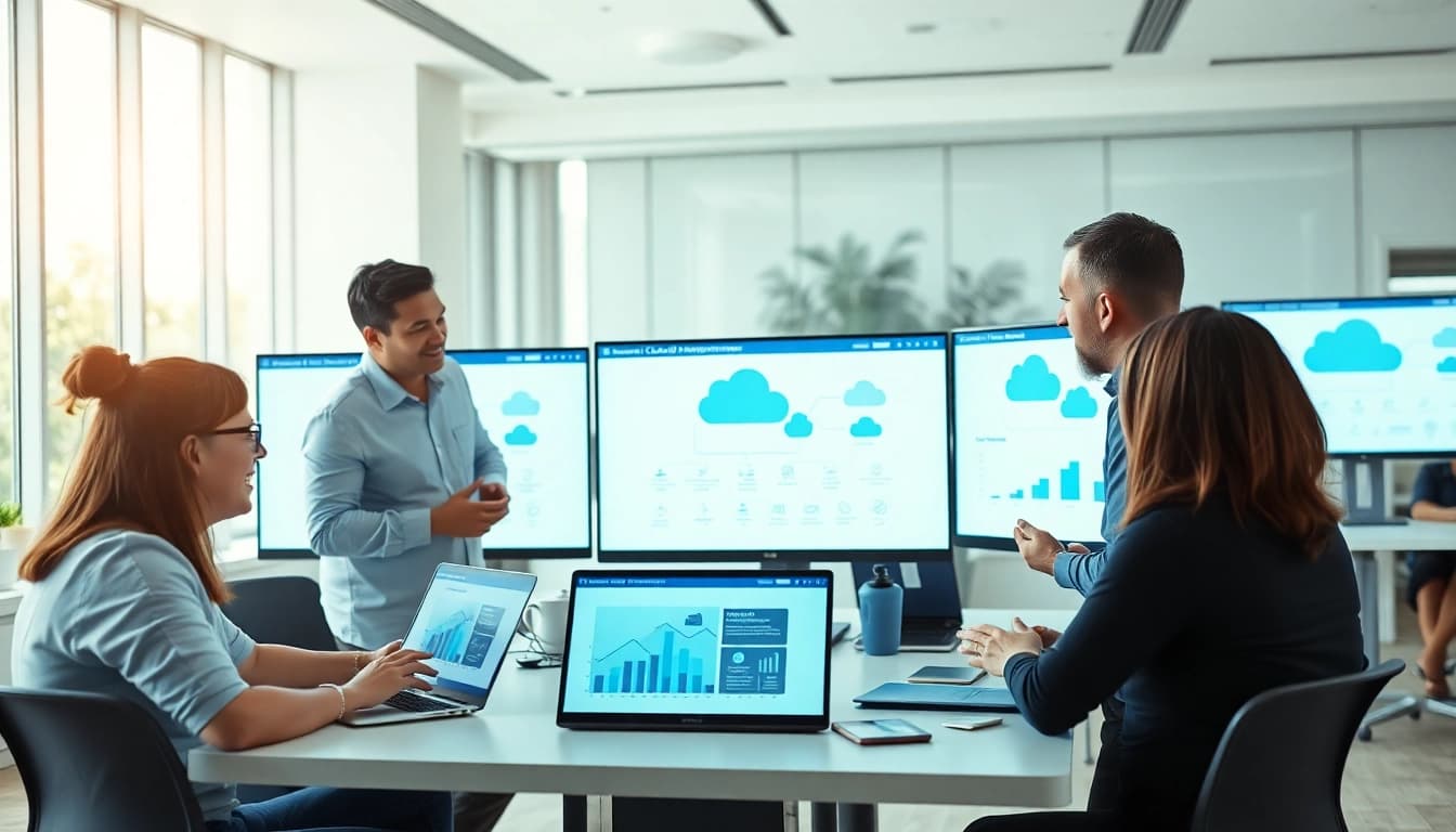 Enable seamless cloud migration services through professional collaboration in a modern office.