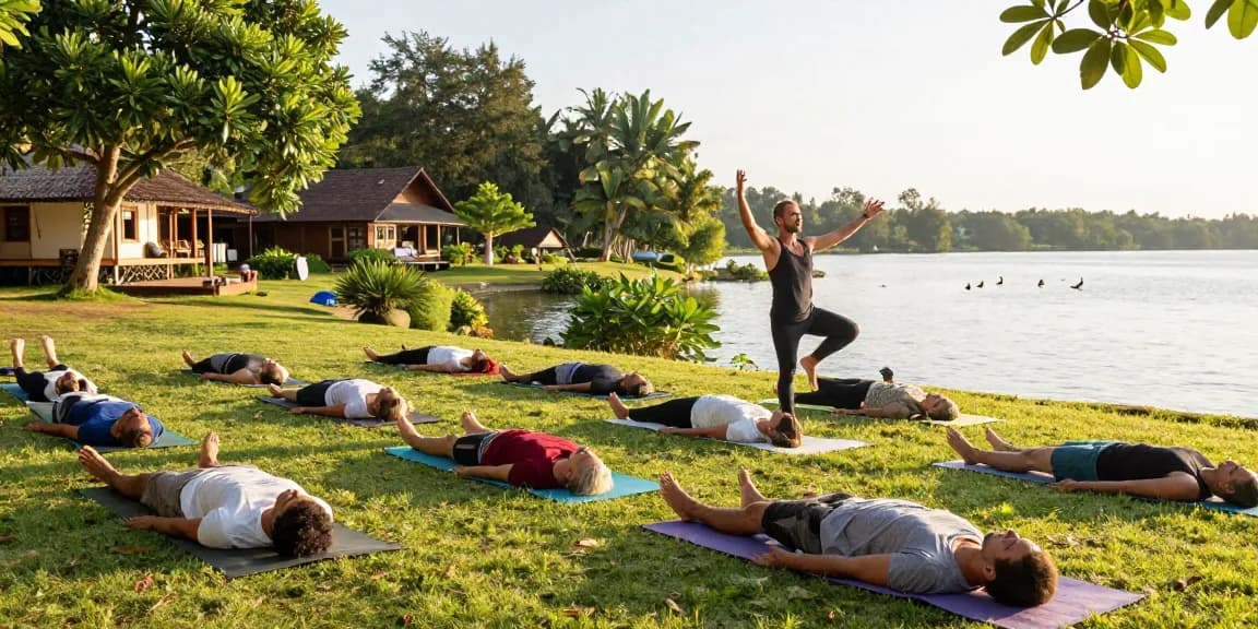 Simon Borg-Olivier intensive Sri Lanka participants practicing yoga at a serene retreat by the lake.