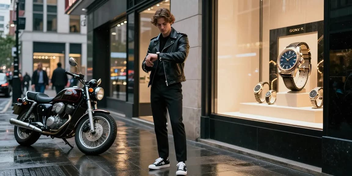 Stylish individual showcasing a rolex replica watch in a bustling urban setting, emphasizing luxury and fashion.