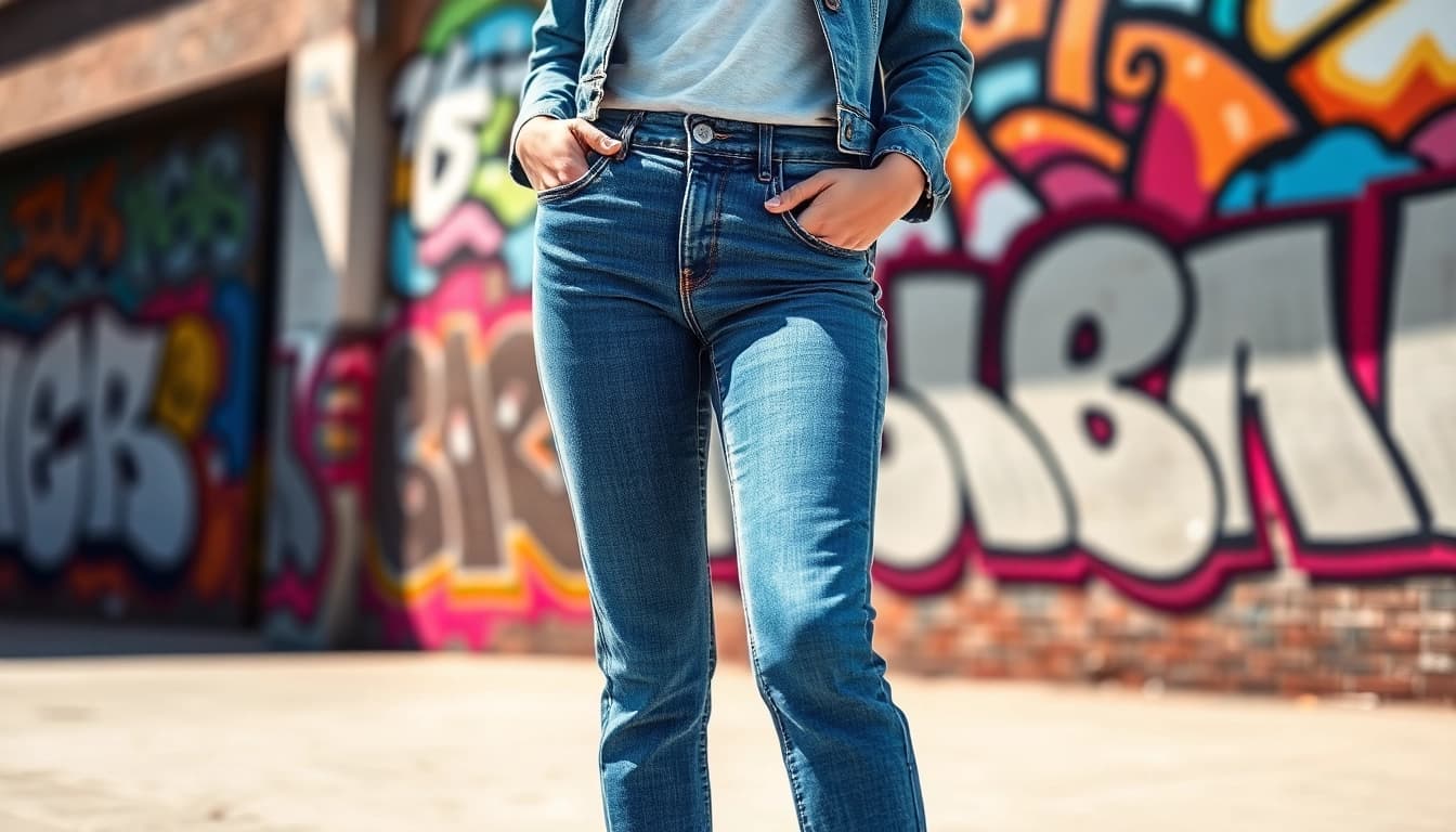 Model showcasing womens tapered ankle jeans in an urban setting with vibrant graffiti.