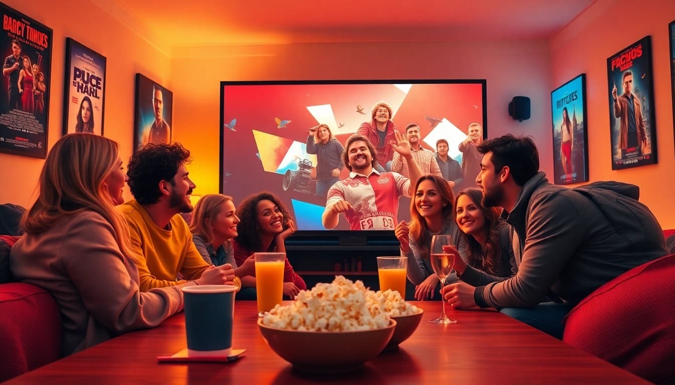 Enjoy filme online gratis as friends gather for a cozy movie night with snacks and excitement.