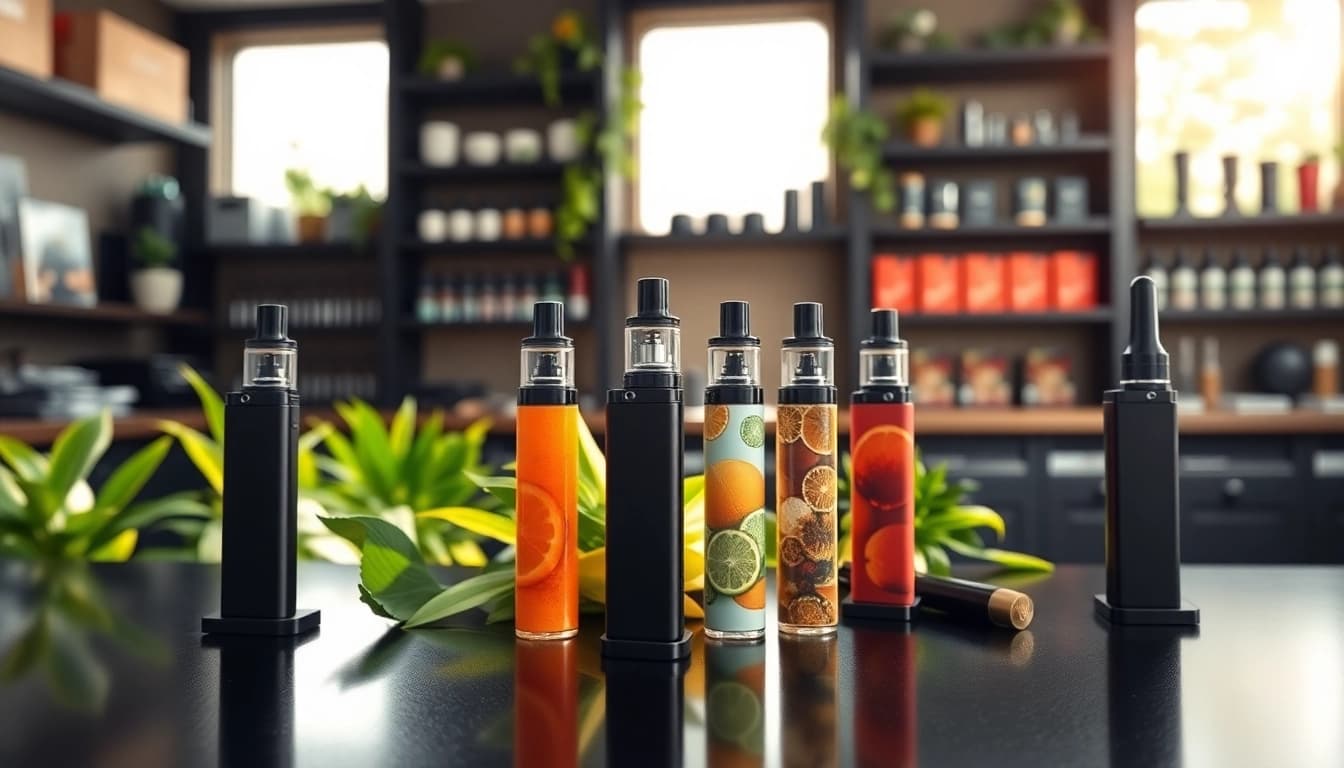 Explore the variety of disposable vapes displayed prominently on a stylish countertop.