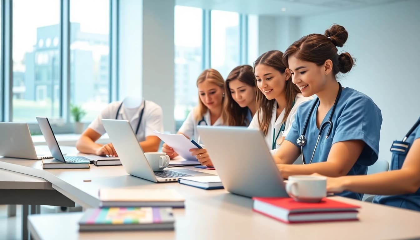 Buy nursing papers while collaborating in a bright classroom, reflecting teamwork and focus.