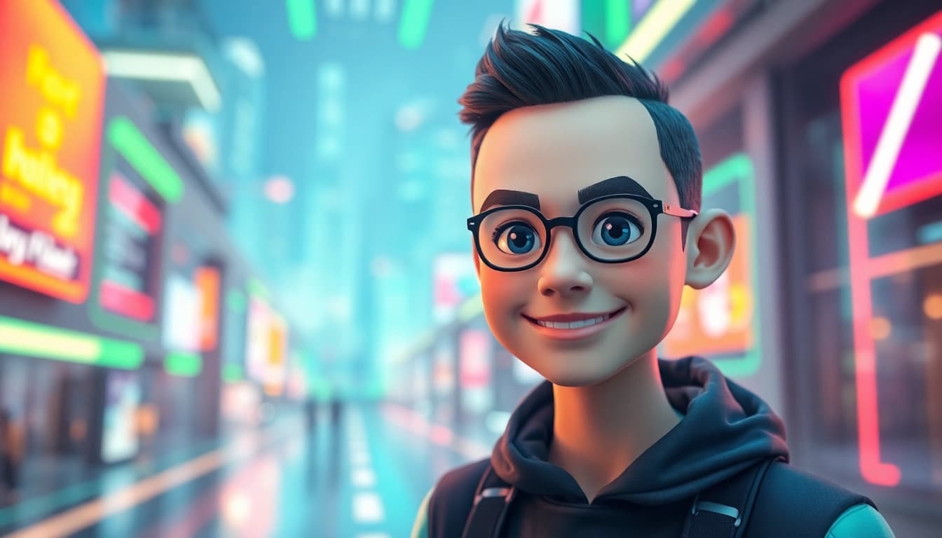 Engaging live avatar character depicted in a vibrant digital environment with dynamic lighting.