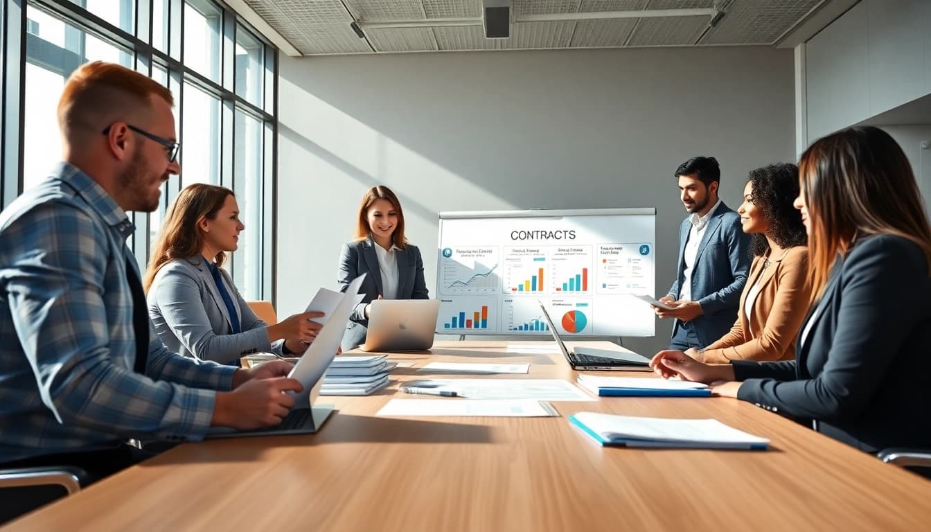 Professional meeting discussing Federal and State contracts in a modern office setting.