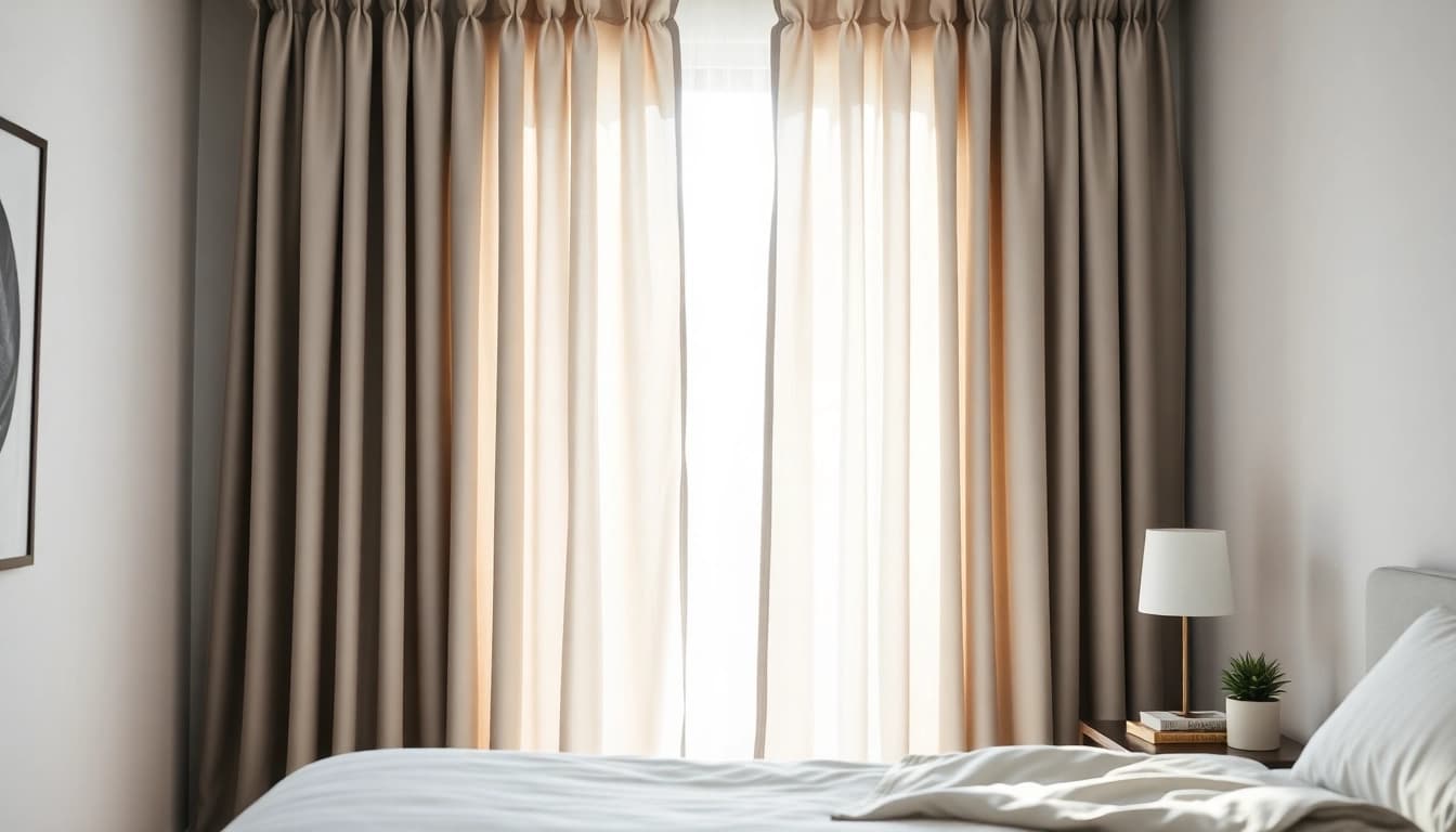 Verduisterende gordijnen creeren een serene sfeer in een stijlvolle slaapkamer.