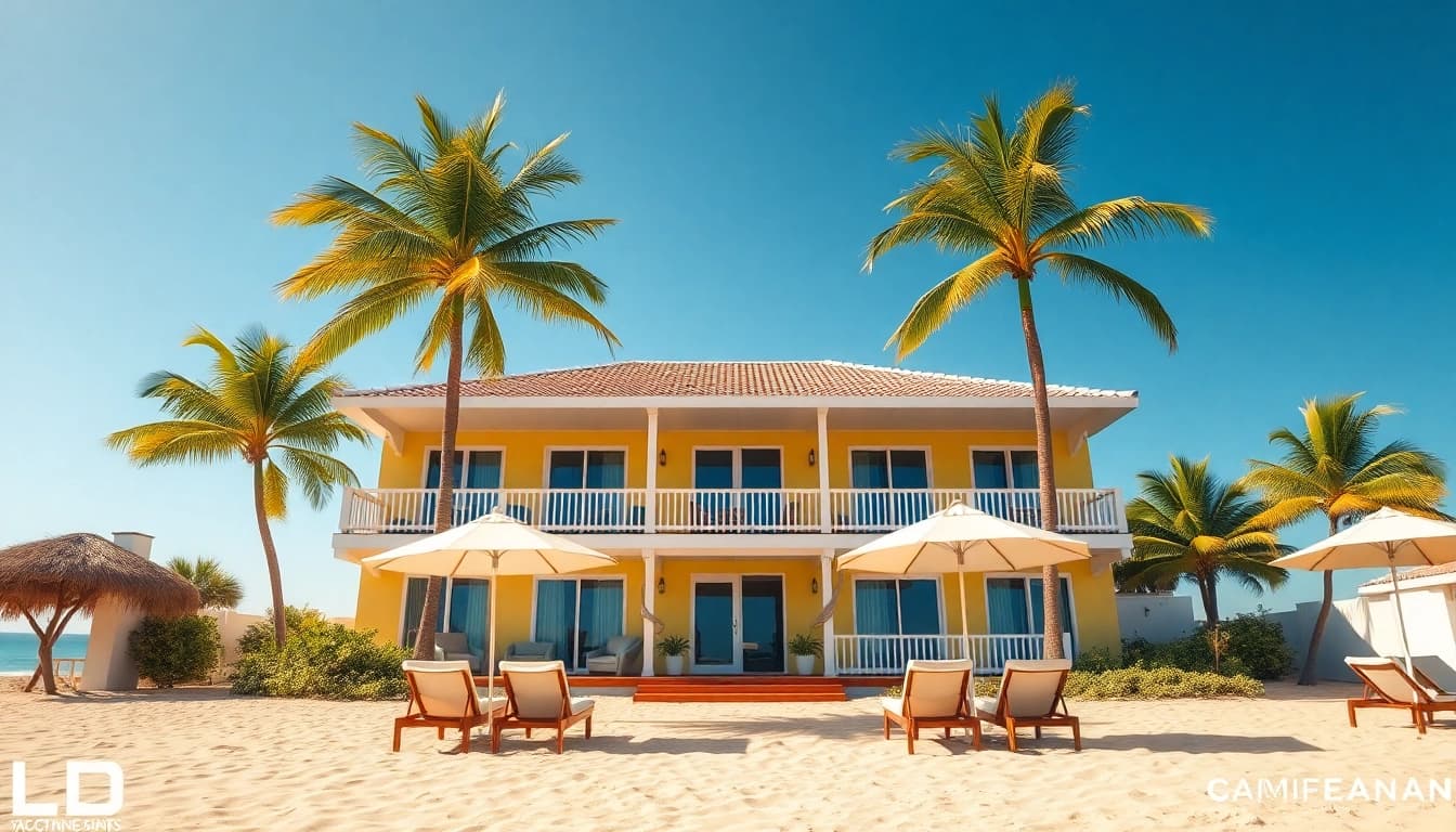 Relax and enjoy the stunning coastal cabana with palm trees and balconies overlooking the beach.