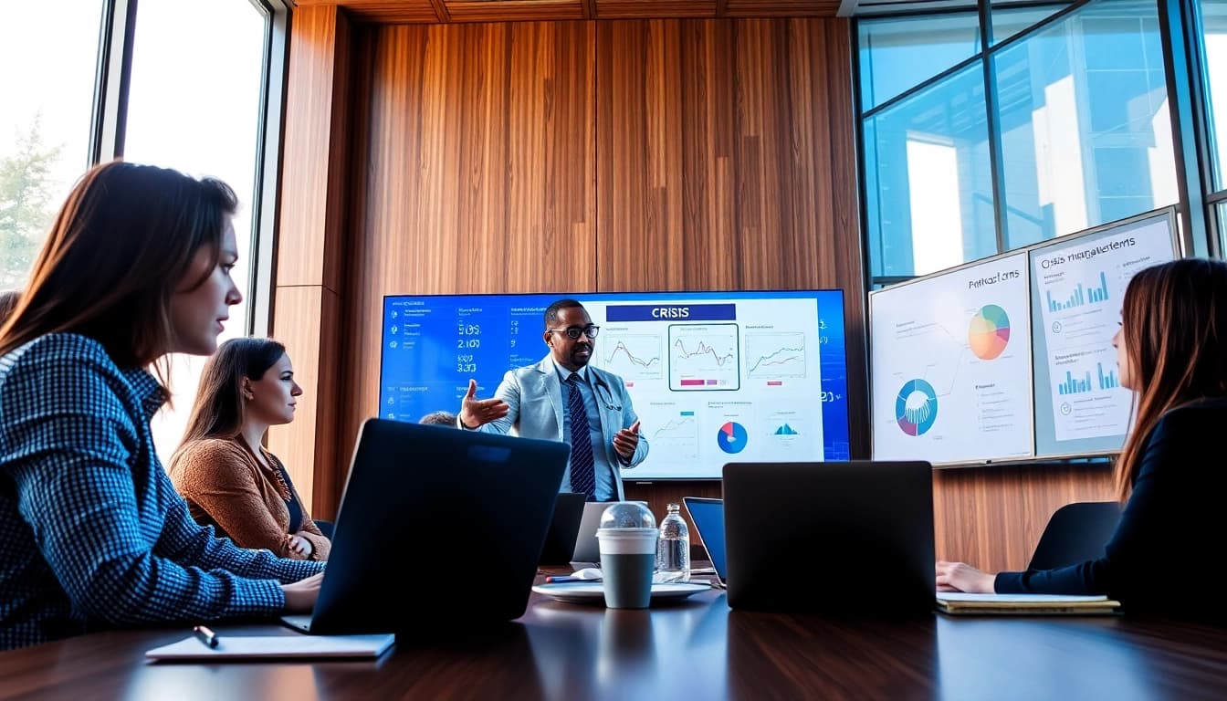 Engaged crisis management consultant guiding a corporate team in a modern office setting