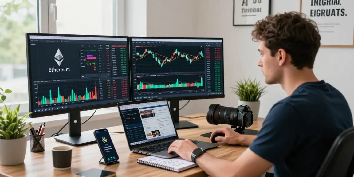 Real-time Ethereum price live displayed on trading screens in a modern office setting, showcasing the cryptocurrency market.