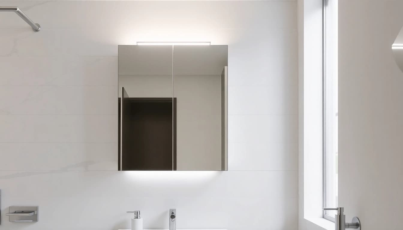 Showcase of a stylish bathroom cabinet with mirror and light complementing a modern space.