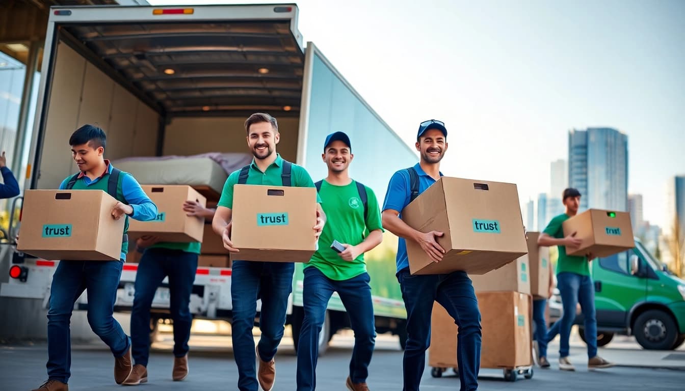 Team of movers Vancouver handling boxes in a vibrant city environment, illustrating professional moving services.