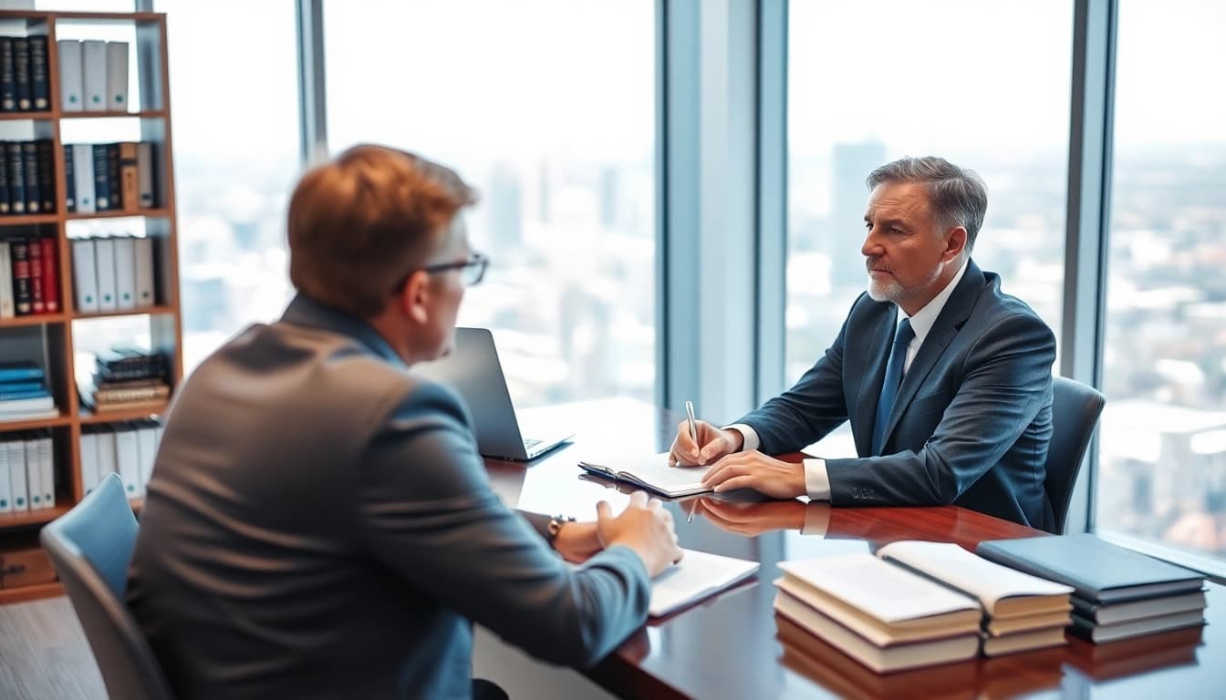 Clearwater truck accident attorney consulting a client in a bright, modern law office setting.