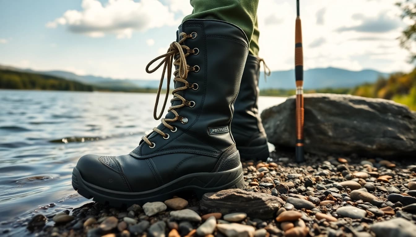 Fly fishing boots highlighting rugged features and water resistance at a peaceful river location.