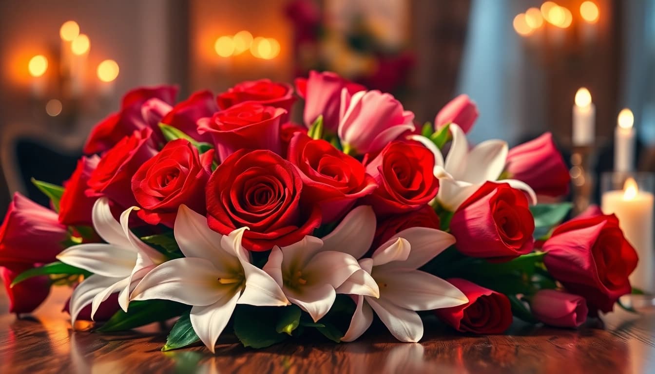 Arrange stunning valentines flowers elegantly on a romantic table setting for a special occasion.