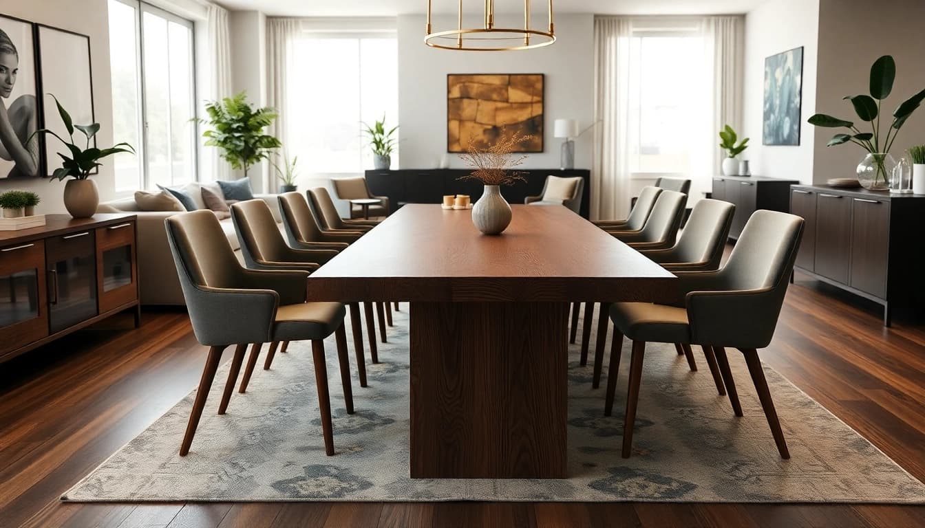 Showcase of custom furniture with handcrafted wooden dining table and elegant decor.