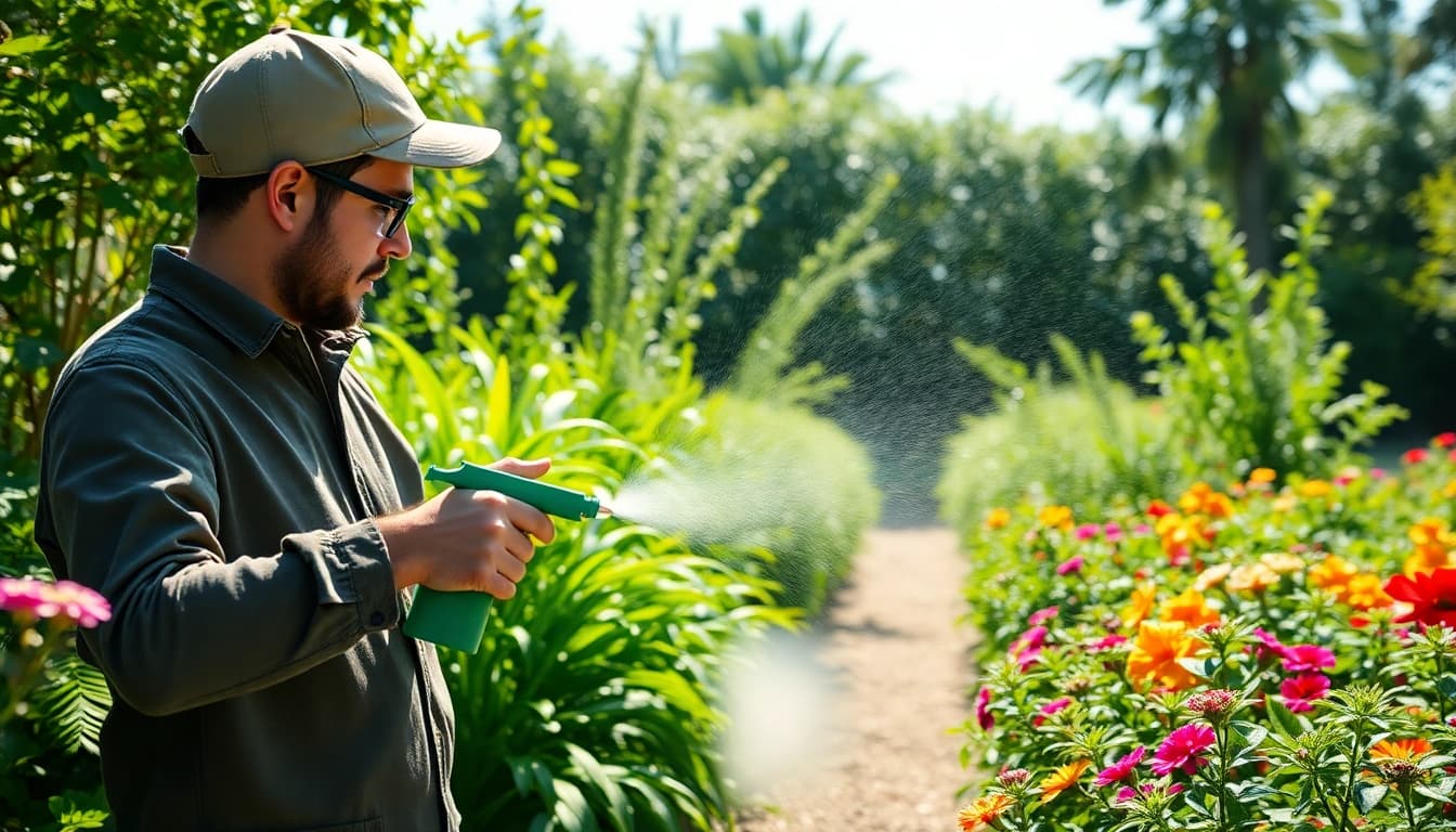 Apply low chemical bug control solutions in a sustainable garden environment for pest management.