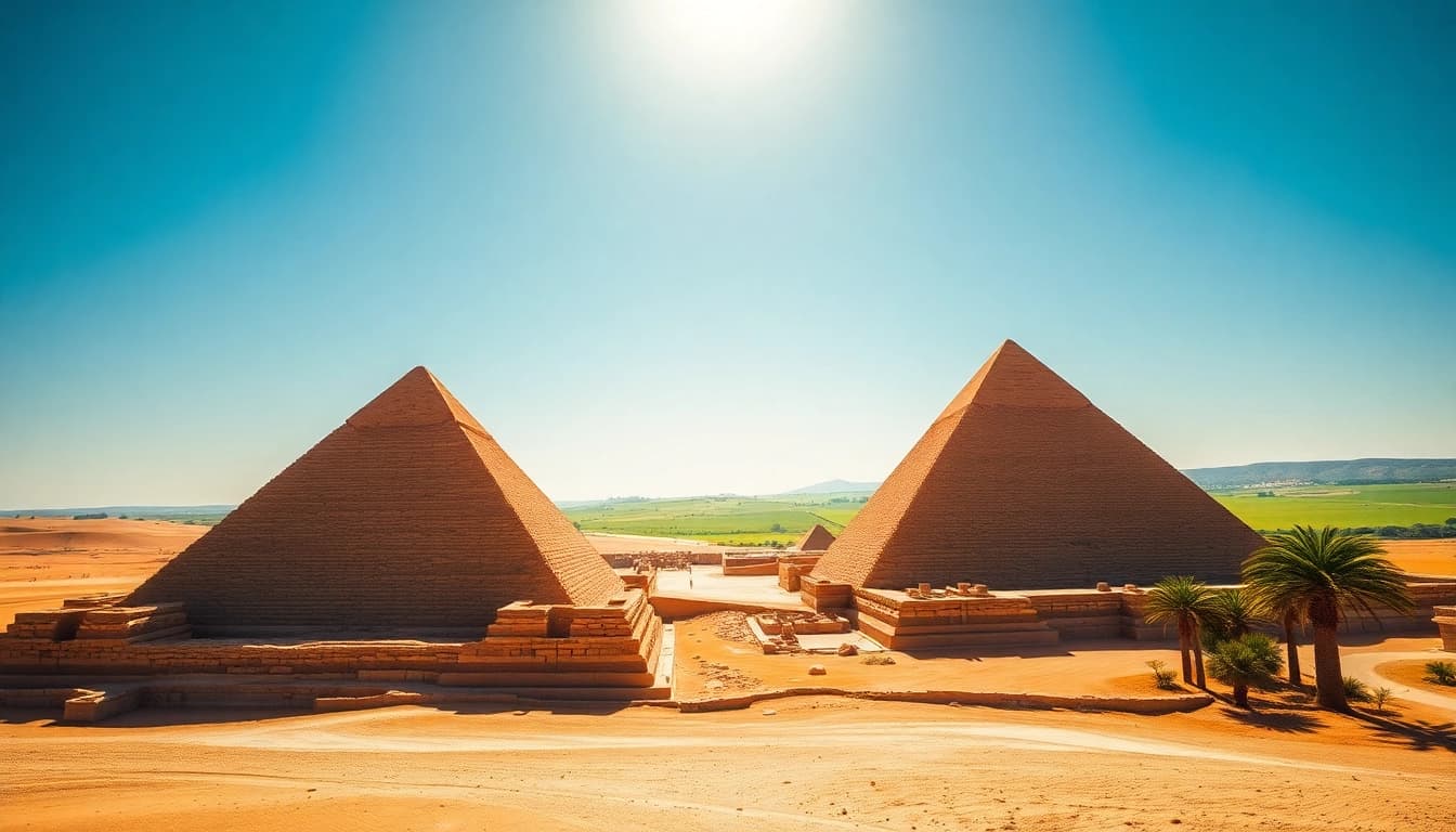 Explore the majestic piraminds of Giza under a bright blue sky highlighted by dramatic sunlight.