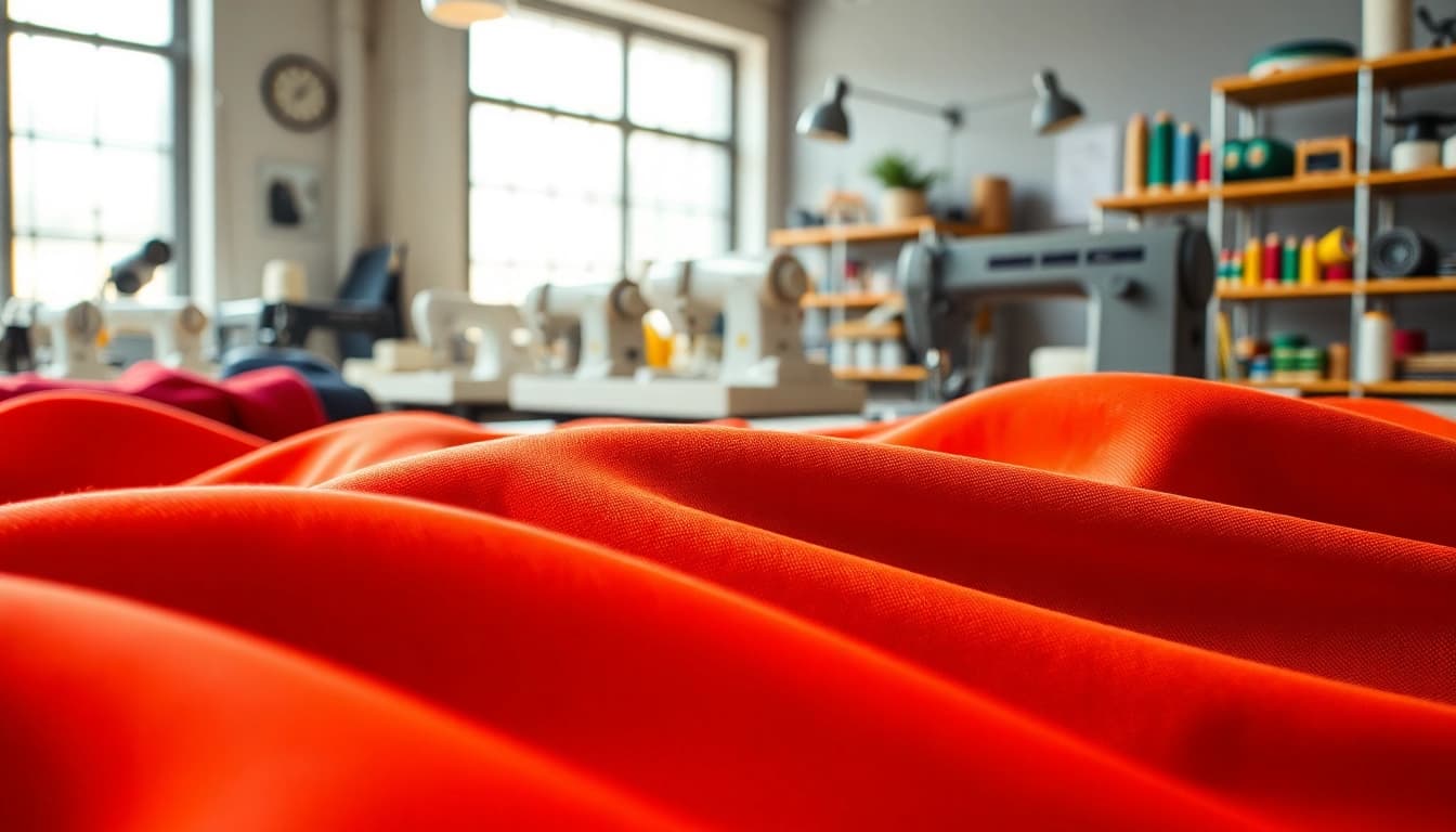 Punta di Roma stof met unieke texturen en kleuren in een creatieve workshopomgeving.