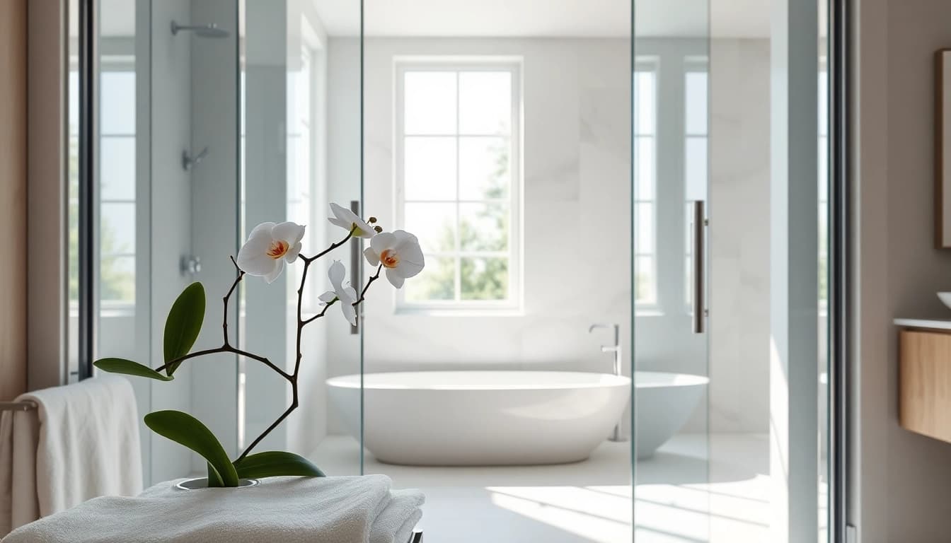 Elegant shower doors reflecting sunlight in a modern bathroom setting with stylish decor.