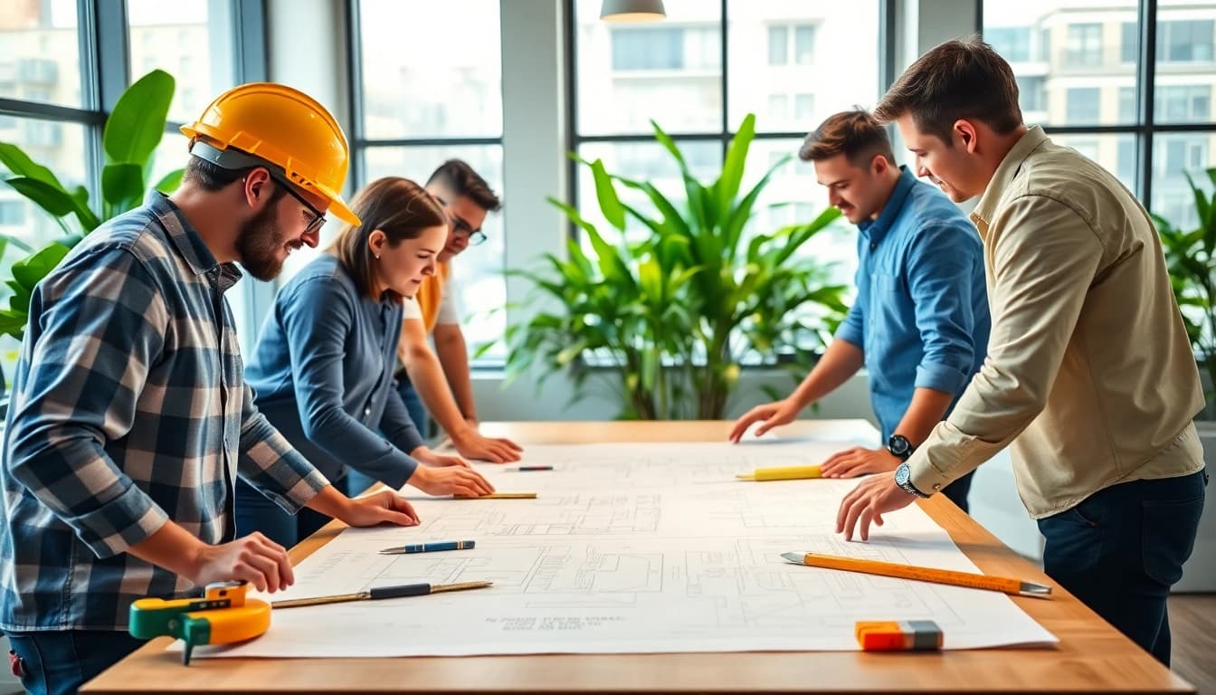 Texas association of builders team collaborates on construction plans in a modern office.