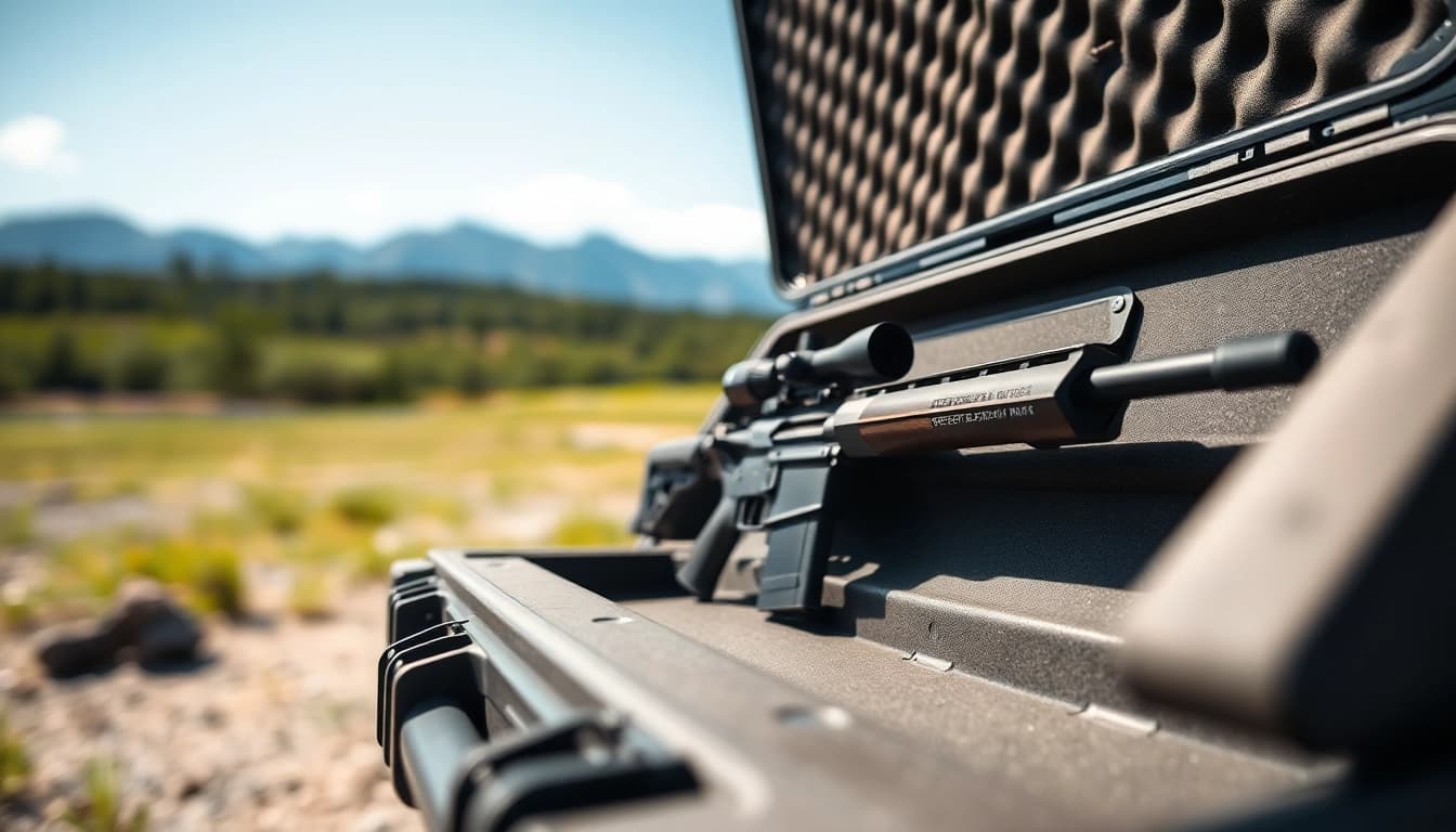 Showcase of a pelican rifle case at an outdoor range highlighting durability and protection.