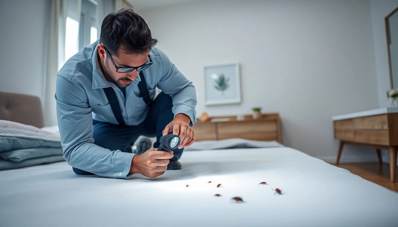 Technician executes bed bug removal in a bright, clean bedroom, showcasing pest control expertise.