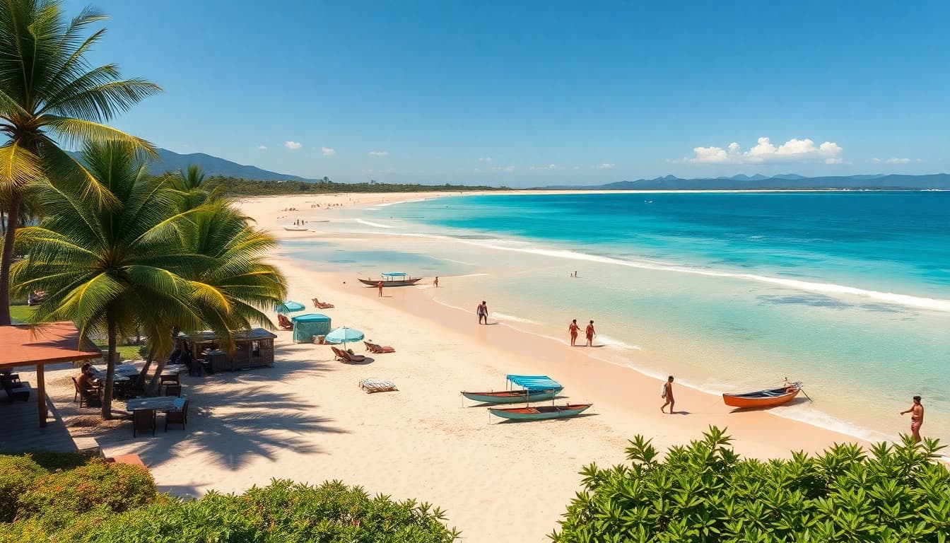 Paisagem cênica da praia de Paripueira, Alagoas, com águas claras e areia dourada.