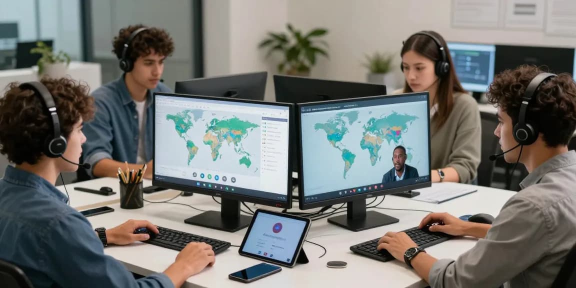 Colaboración en equipo utilizando una app de llamadas internacionales en un espacio moderno de telecomunicaciones.