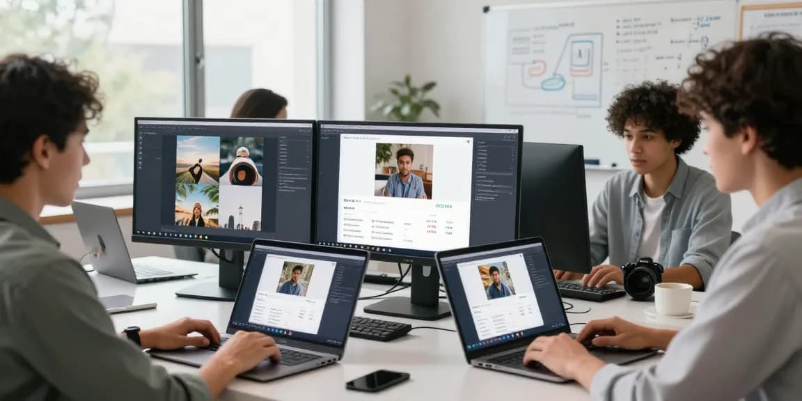 Collaborative team using free AI image detector software to analyze images in a modern workspace.