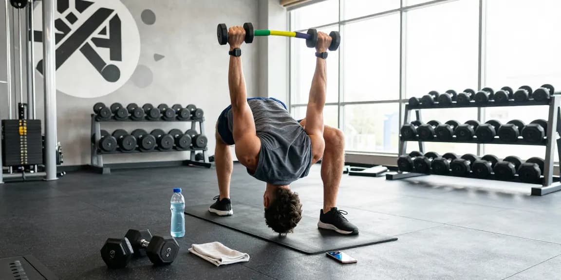 Fit individual training with Deus Medical Steroids at a vibrant gym, surrounded by various equipment, showcasing effort and determination.