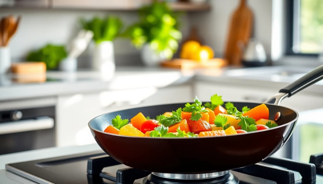 Cook delicious meals using a vibrant nonstick fry pan NZ with colorful veggies sizzling.