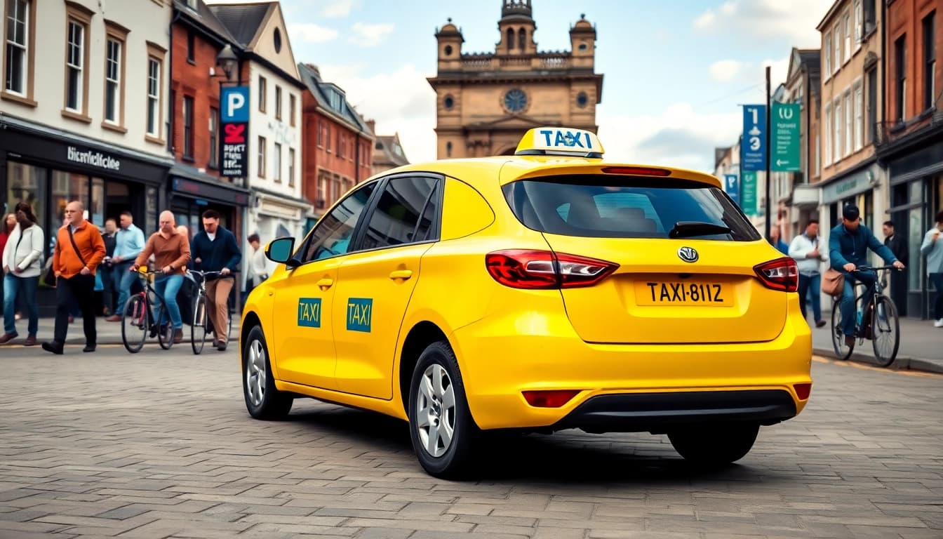 Book a reliable West bridgford Taxi parked in a vibrant town setting.