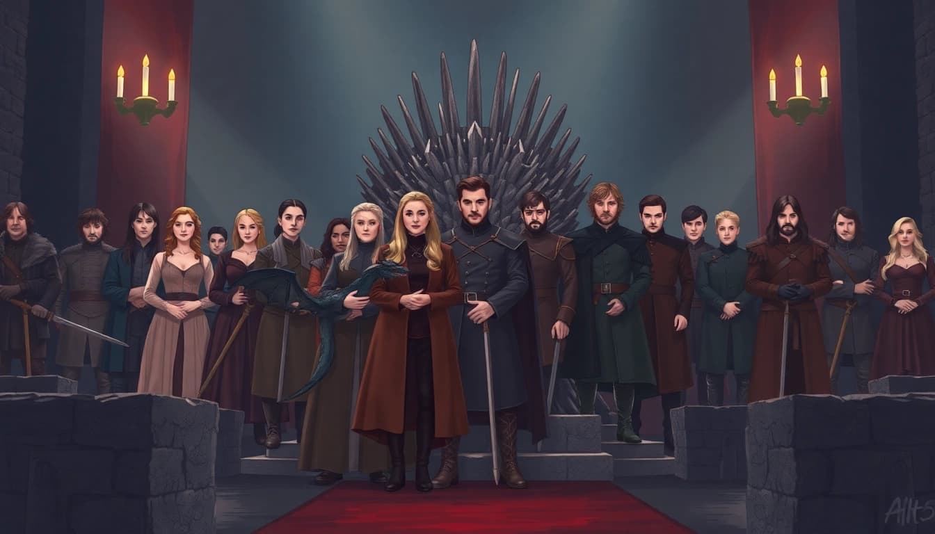 Scene depicting the game of thrones cast on set, featuring Emilia Clarke and Kit Harington in iconic costumes.