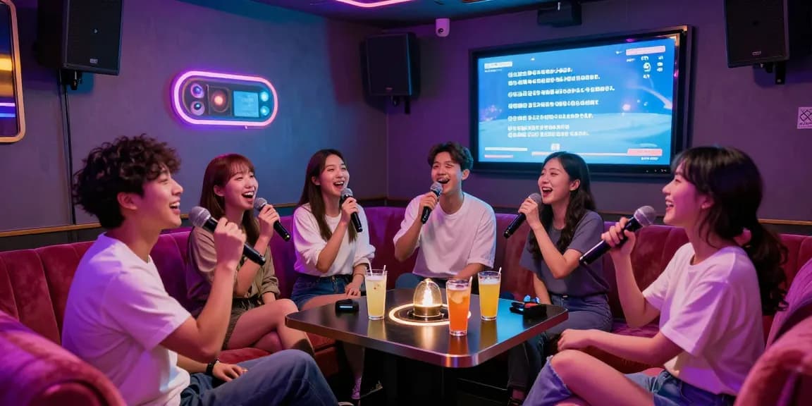 Exciting scene from https://www.magic4karaoke.com/ karaoke bar in Jeju, showcasing friends singing together amid vibrant neon lights.