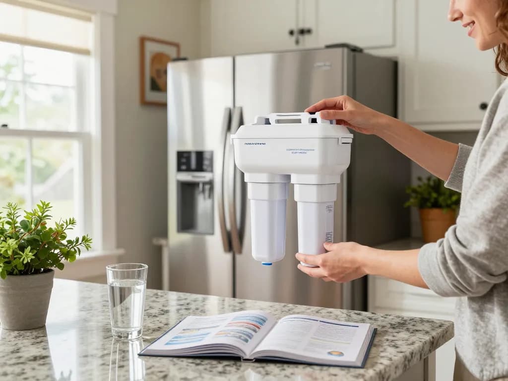 AQUA CREST EDR3RXD1 Replacement for 4396841, Everydrop® Filter 3 being expertly installed in a modern kitchen, showcasing a clean and inviting cooking space.