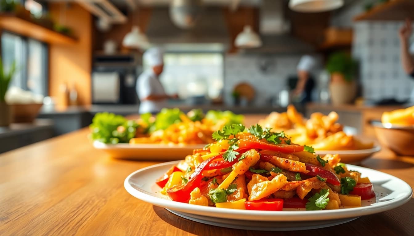 Showcasing dish facts through a vibrant meal presentation with colorful ingredients in the foreground.