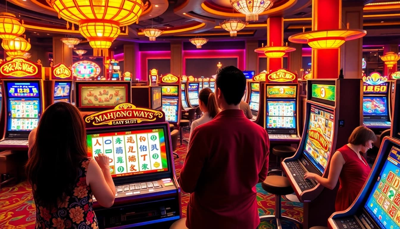 Experience the excitement of Mahjong Ways 2 as players win at vibrant slot machines in a bustling casino.
