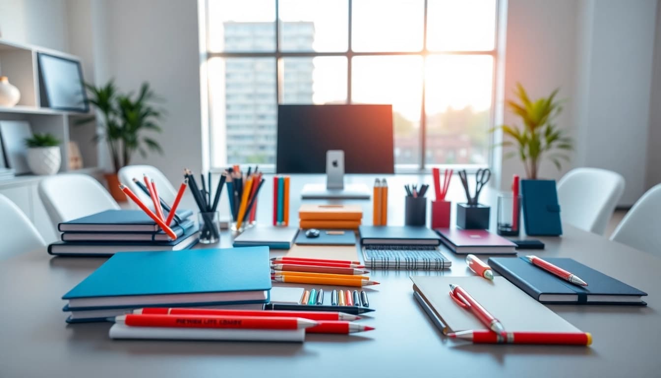 Shop premium stationery online UK with elegant pens and colorful notebooks arranged beautifully.