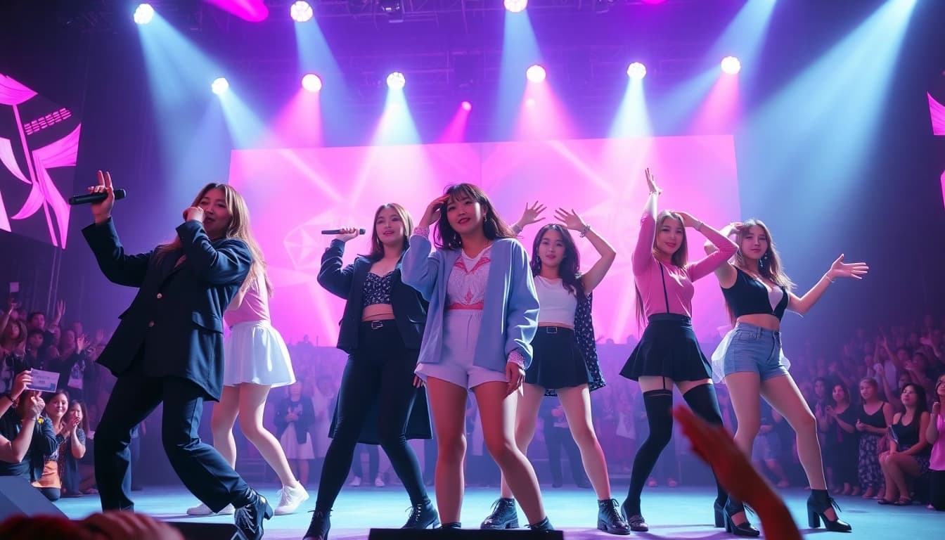 Catch the latest Blackpink news as the group performs at a concert with vibrant energy and bright lights.