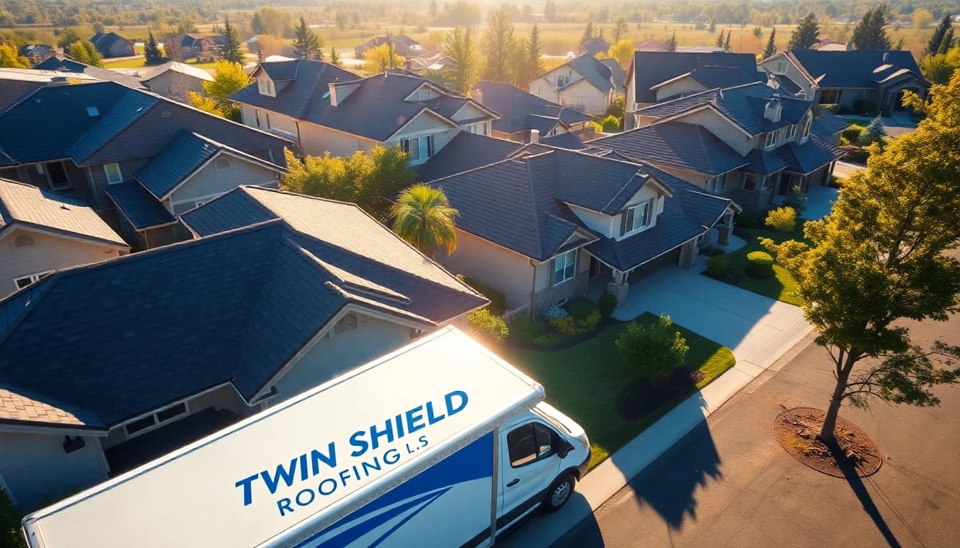 Twin Shield Roofing truck showcased in a sunny neighborhood with newly done roofs, emphasizing reliability.