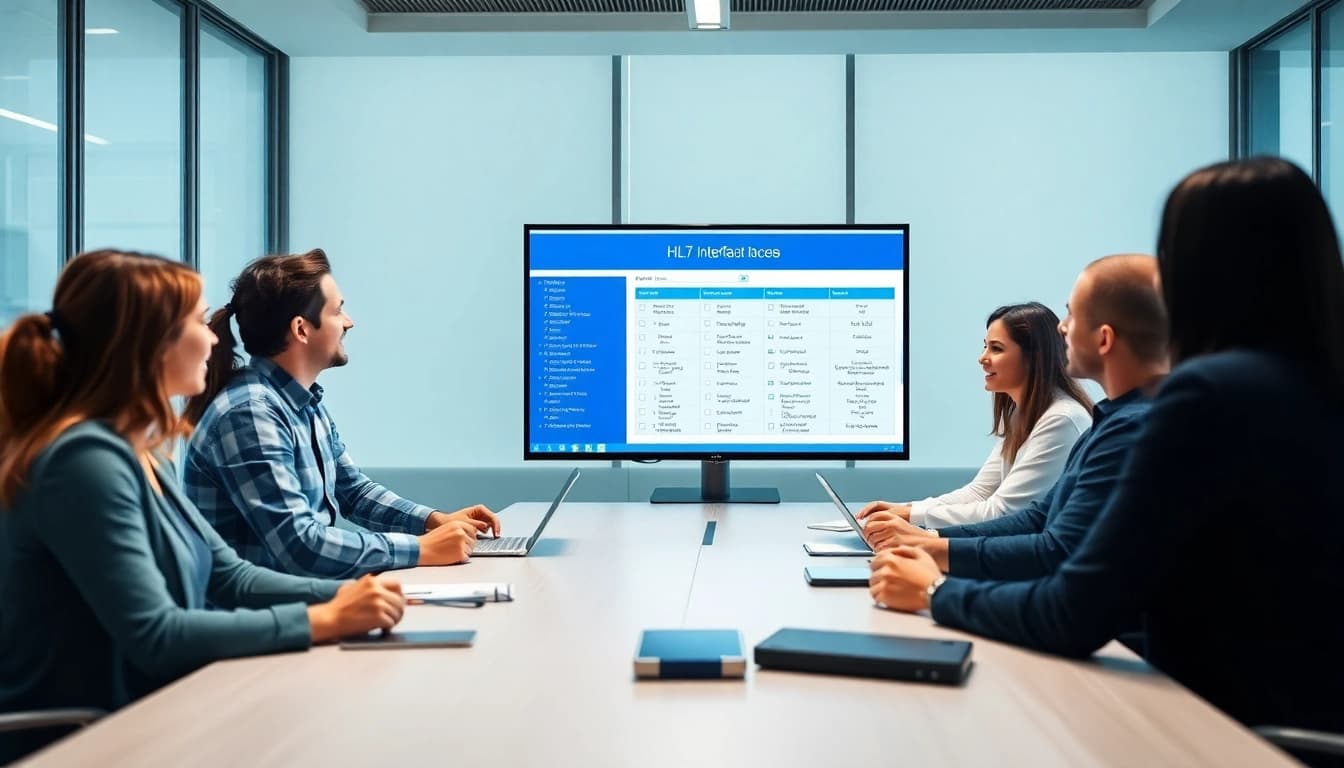 Veranschaulichen Sie die Zusammenarbeit bei HL7 Interface-Protokollen in einem modernen Büro.