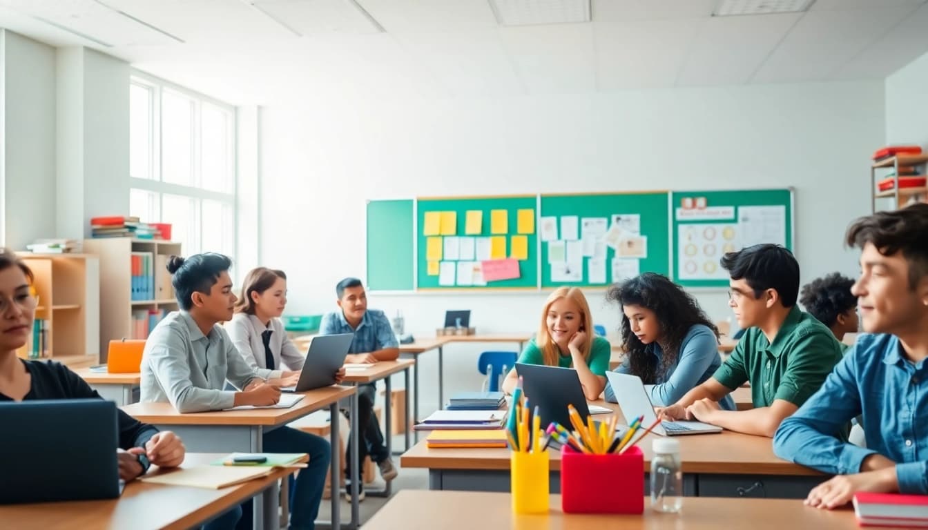 Education setting with engaged students exploring interactive learning activities in a bright classroom.