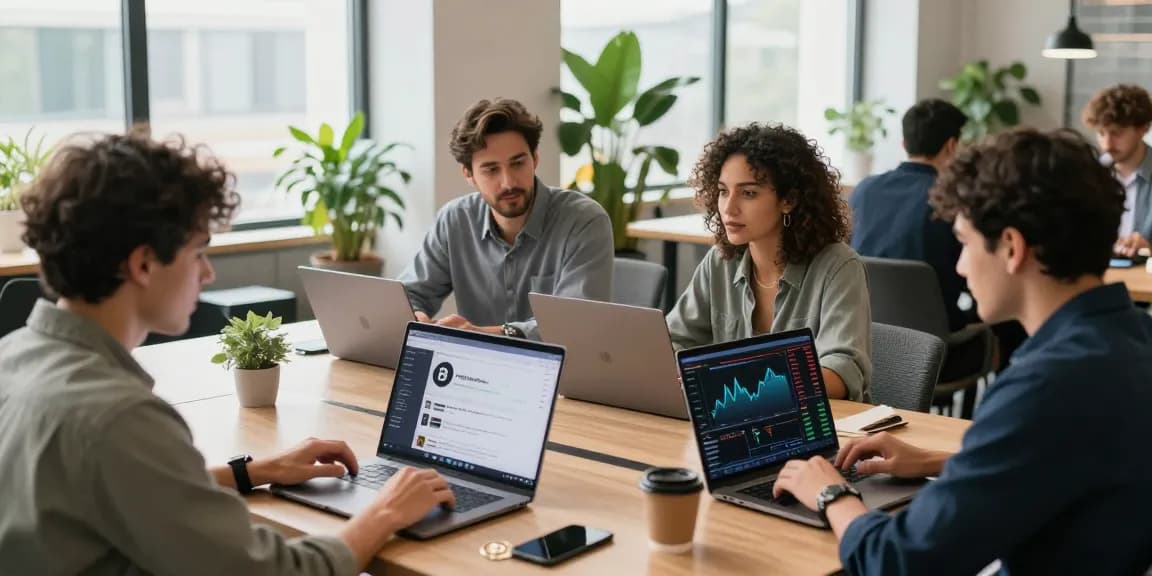Bitcoin cloud mining workspace with professionals analyzing cryptocurrency charts and trading strategies in a modern co-working environment.
