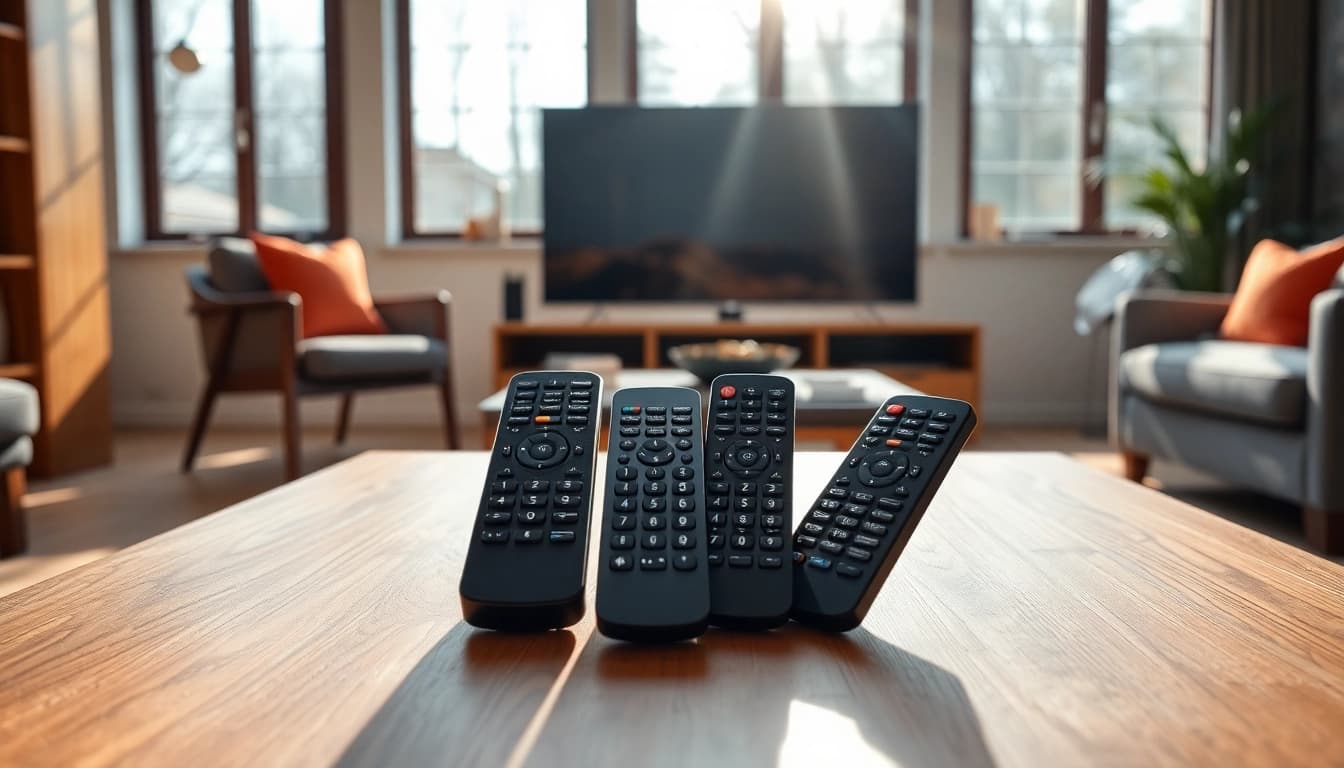 Fernbedienung kompatibel mit verschiedenen TV-Modellen auf einem stilvollen Wohnzimmertisch präsentieren.