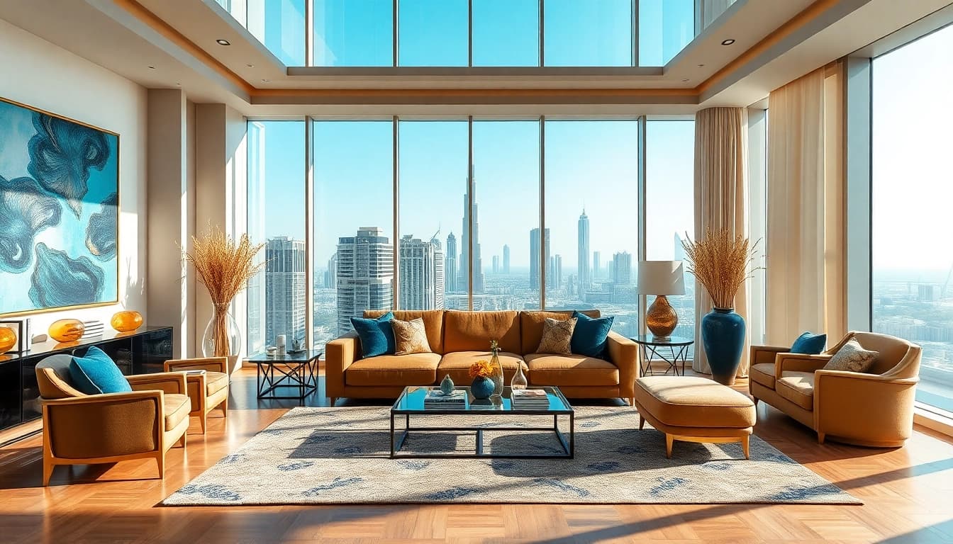 Beautiful interior design dubai highlighting a luxurious living room with elegant decor and city views.